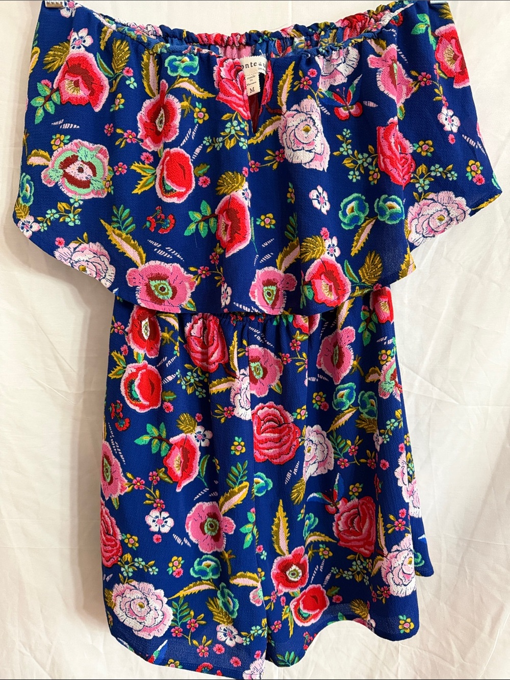 Monteau Navy Blue Floral Off-Shoulder Romper